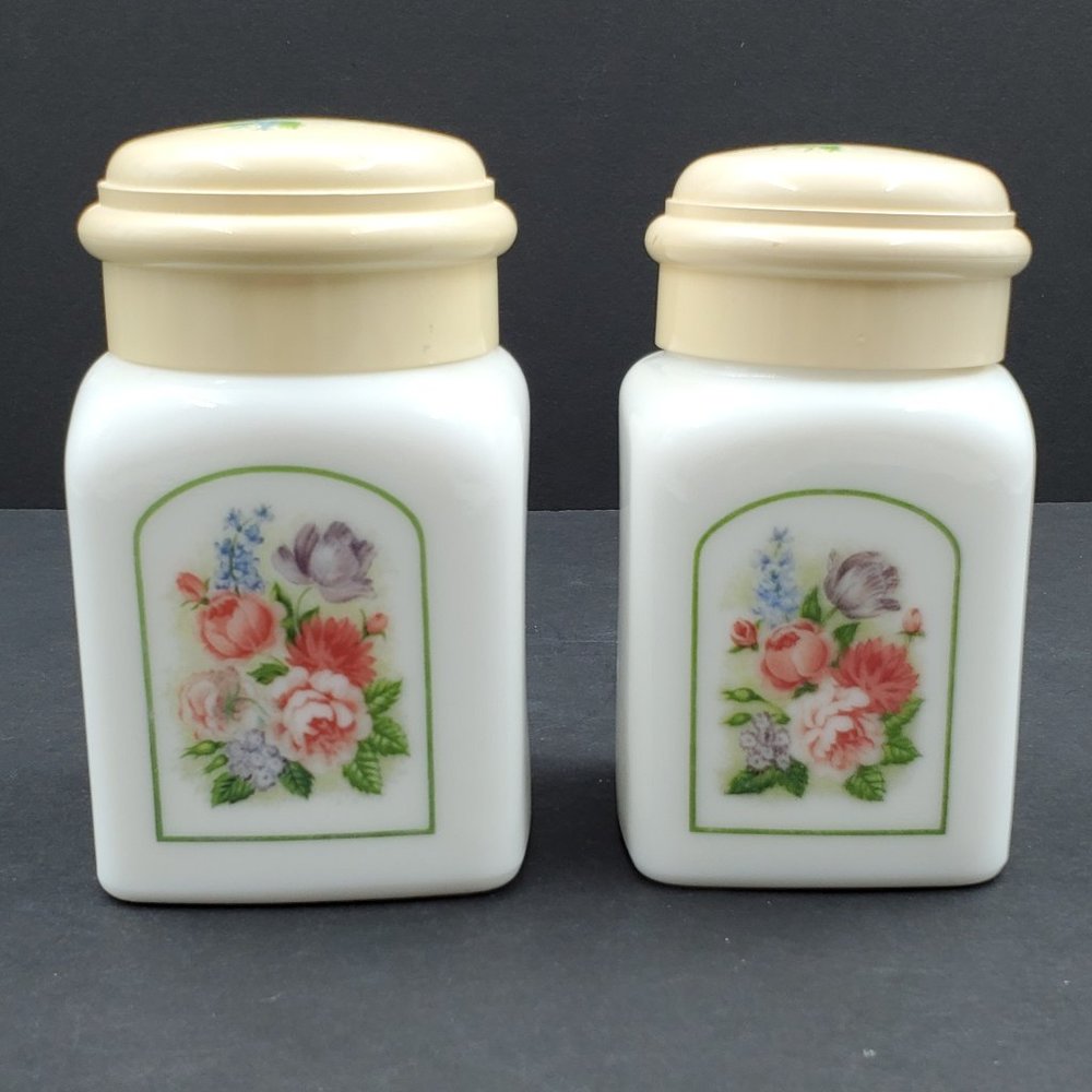 Avon Country Garden Charisma White Milk Glass Powder Jars Floral Canisters